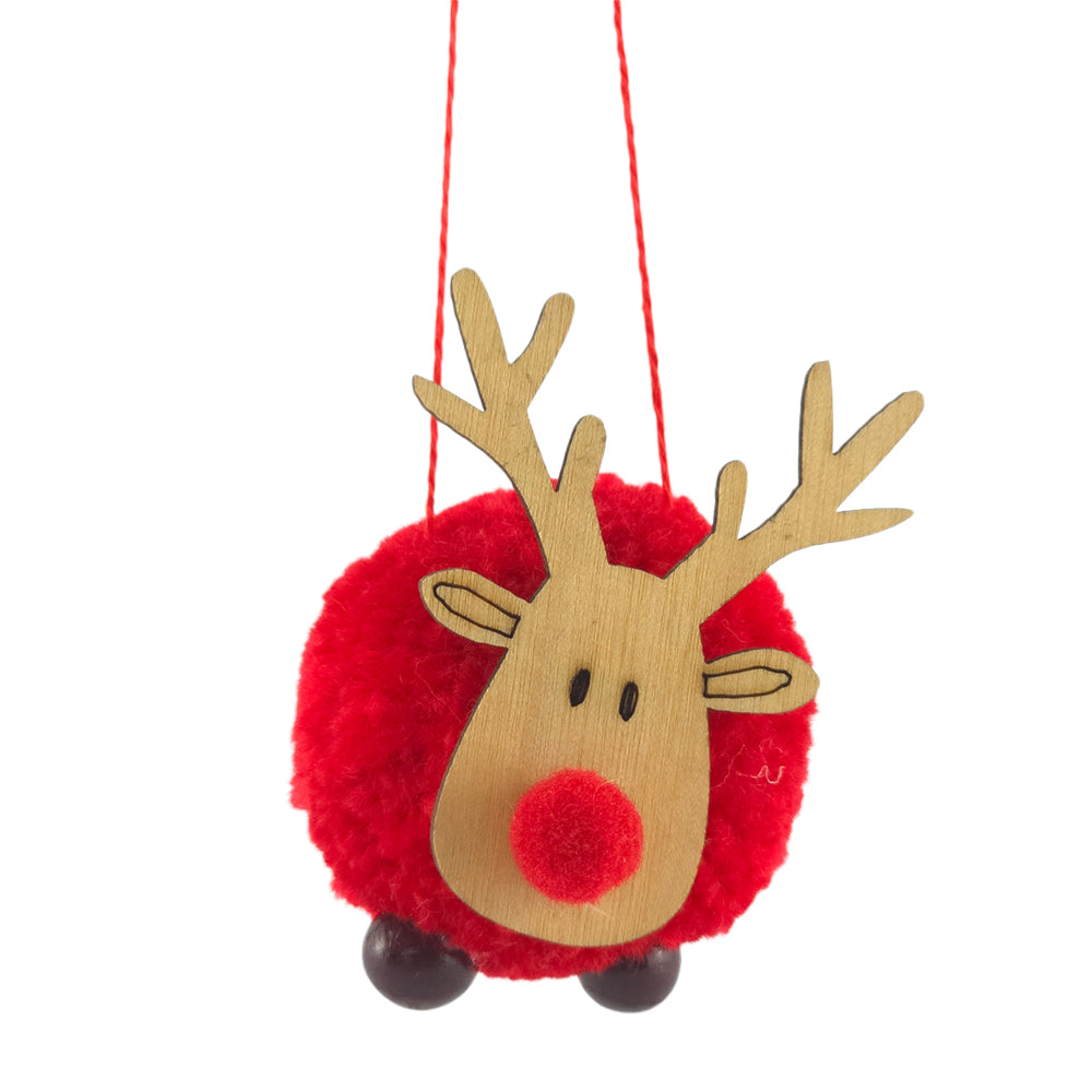 Red Pom Rudolph | Christmas Tree Decoration | Red or White | Mini Cracker Filler