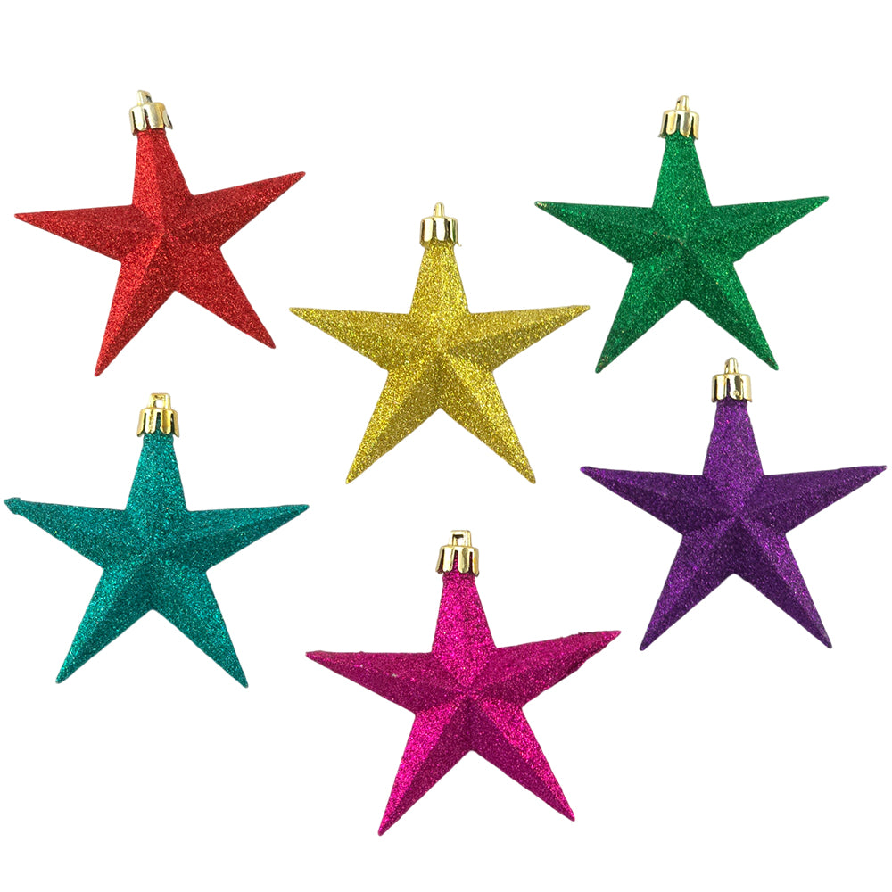 10cm Rainbow Glitter Star Baubles | 6Pk | Shatterproof Christmas Tree Decorations