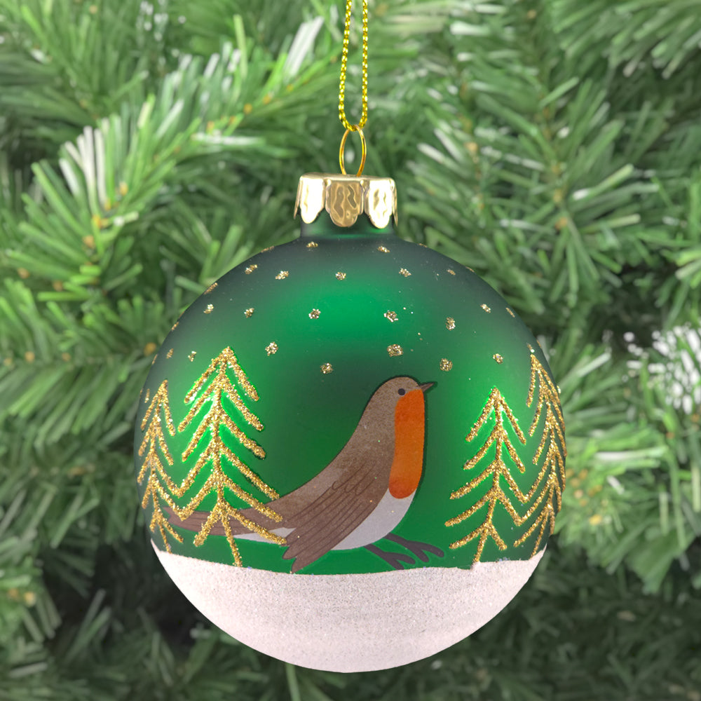 Christmas Robin | Green 8cm Glass Bauble | Gisela Graham