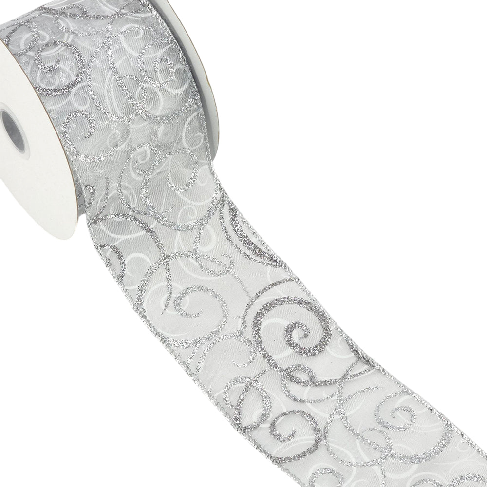 Silver/Gold Glitter Swirls | Wired Edge Organza Ribbon | 38/63mm Wide | 10m Reel