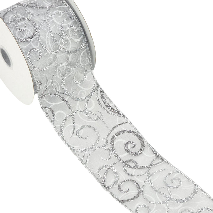 Silver/Gold Glitter Swirls | Wired Edge Organza Ribbon | 38/63mm Wide | 10m Reel