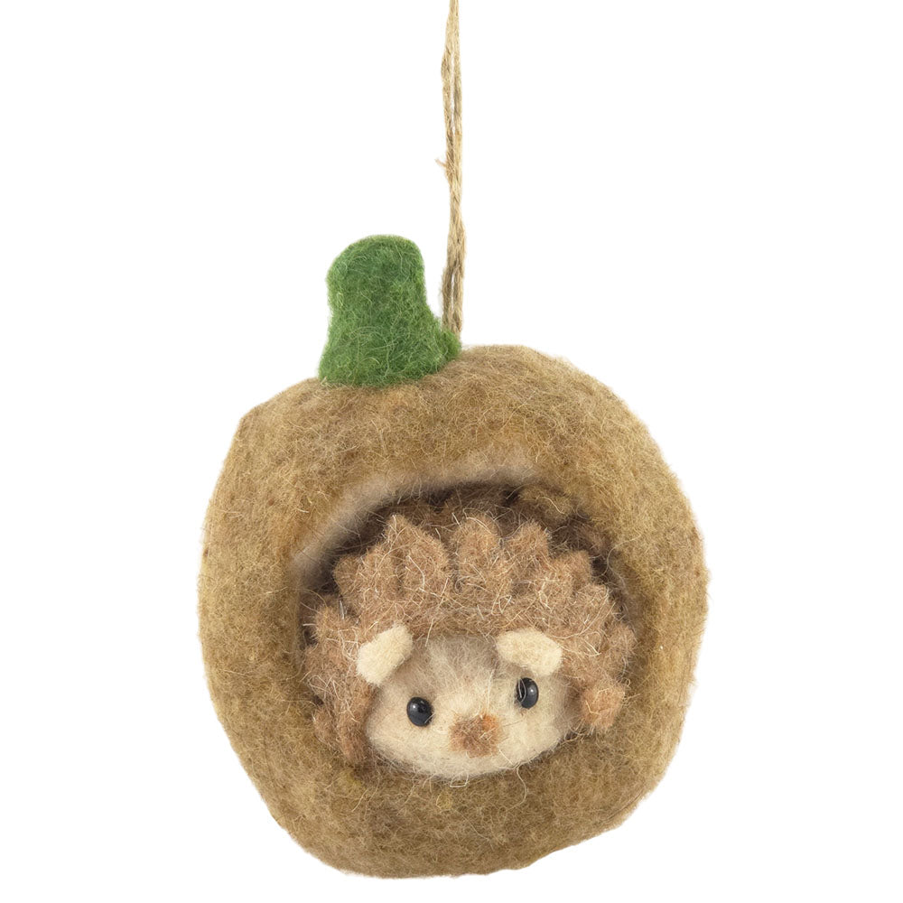 Felted Wool Hedgehog in a Pumpkin | Halloween Hanging Decoration | Gisela Graham