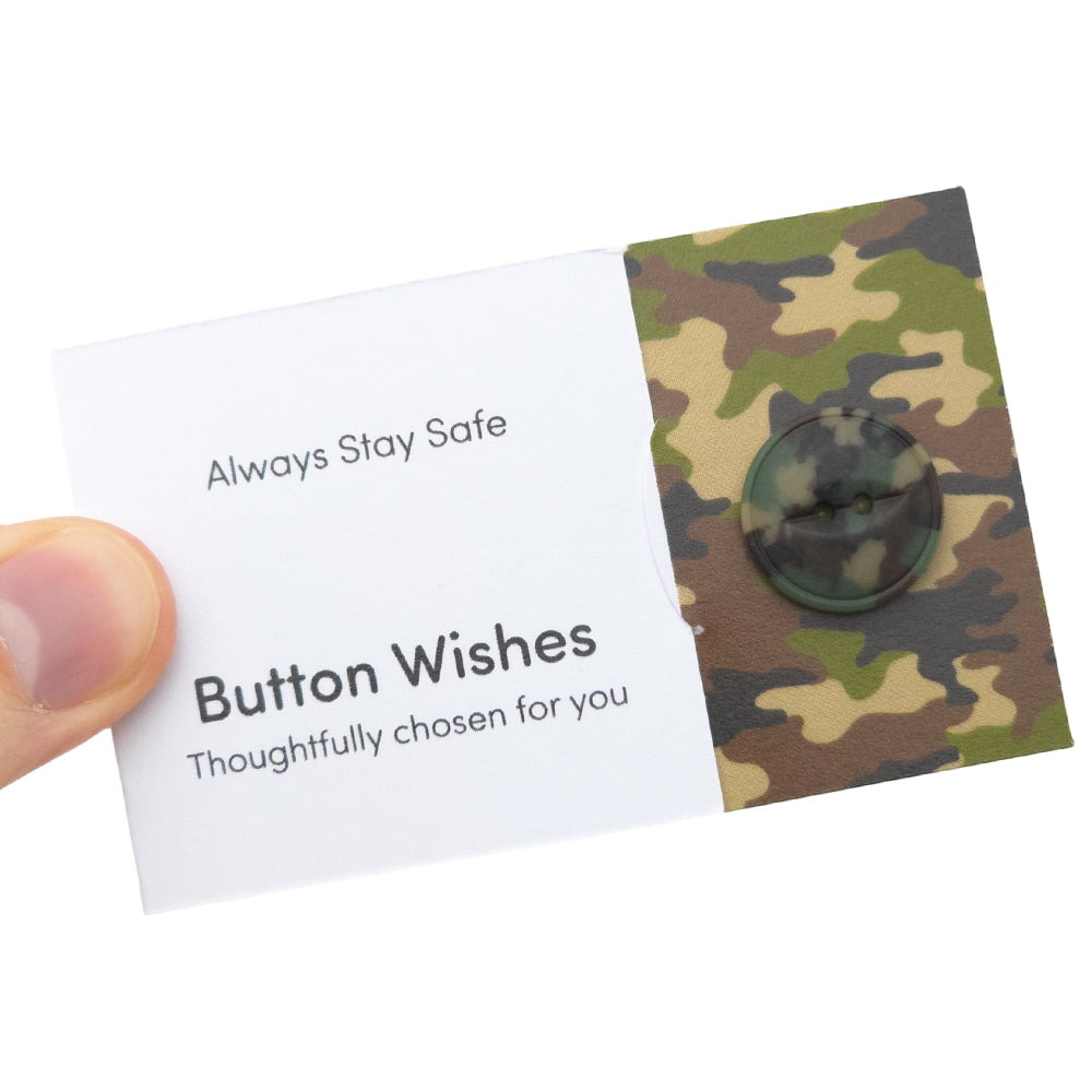 Always Stay Safe | Camouflage | Button Wishes Sew On Token | Cracker Filler