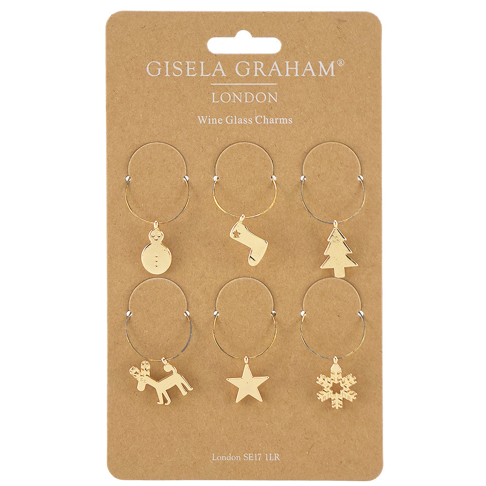 6 Gold Metal Christmas Wine Glass Charms | Cracker Fillers | Gisela Graham