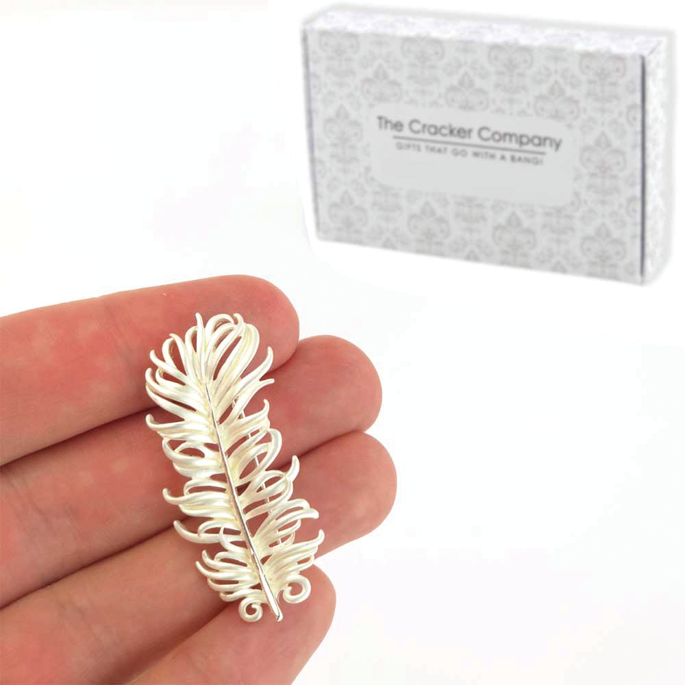 Pearlescent White Feather Brooch | Silver Plated | Little Gift | Cracker Filler