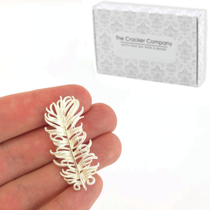 Pearlescent White Feather Brooch | Silver Plated | Little Gift | Cracker Filler