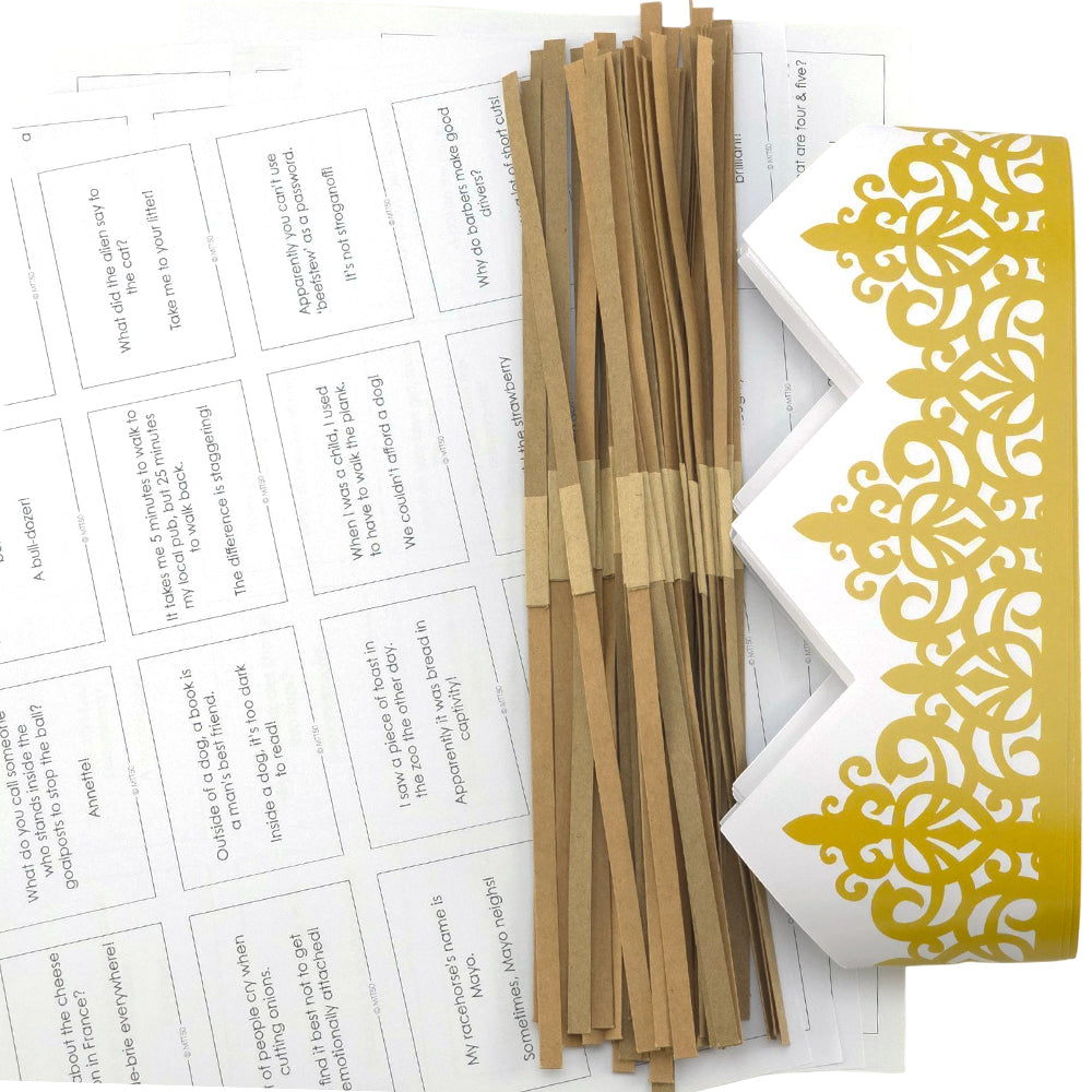 Gold Adjustable Paper Hats, Jokes and Cracker Snaps | DIY Cracker Accessory Pack