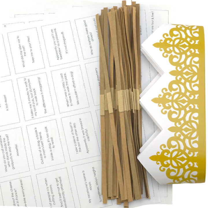 Gold Adjustable Paper Hats, Jokes and Cracker Snaps | DIY Cracker Accessory Pack