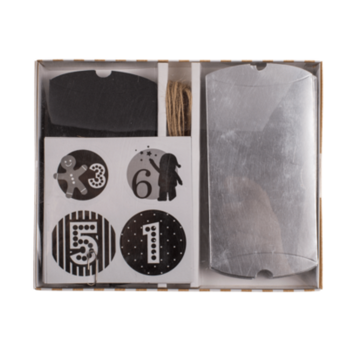 Black & Silver | Advent Calendar Set | Pillowboxes, Ribbon & Stickers