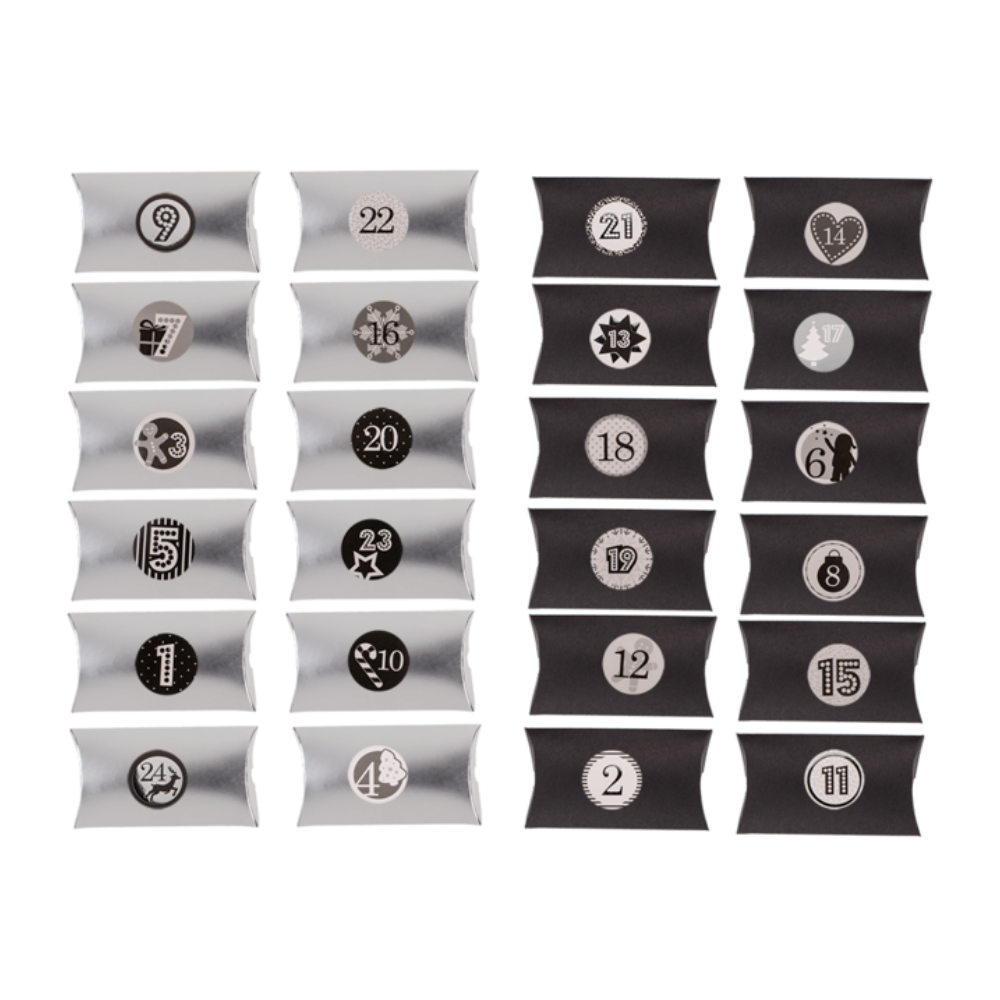 Black & Silver | Advent Calendar Set | Pillowboxes, Ribbon & Stickers