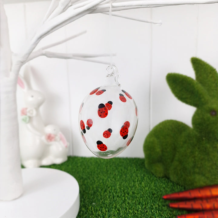 Gorgeous Large Ladybird Print Glass Egg | Hanging Easter Decoration | 9cm Tall