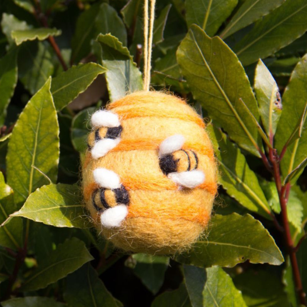 Single 6cm Felted Hanging Bees on a Beehive for Easter Tree Decoration | Fairtrade Felt