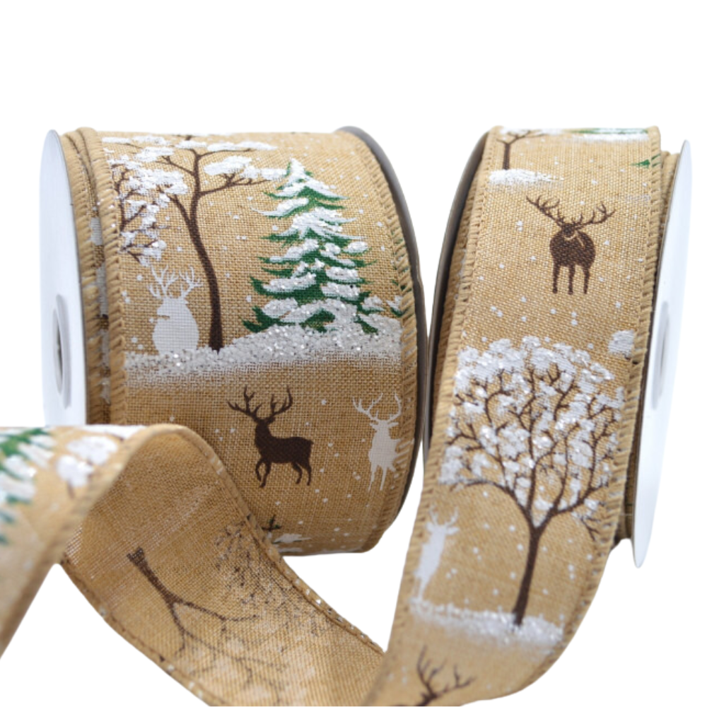 Forest Stag | 38 or 63mm Wide | Wire Edged Hessian & Glitter Christmas Ribbon