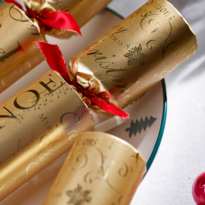 12 Classic Gold Foil Christmas Crackers | 30cm | With Plastic Free Gifts