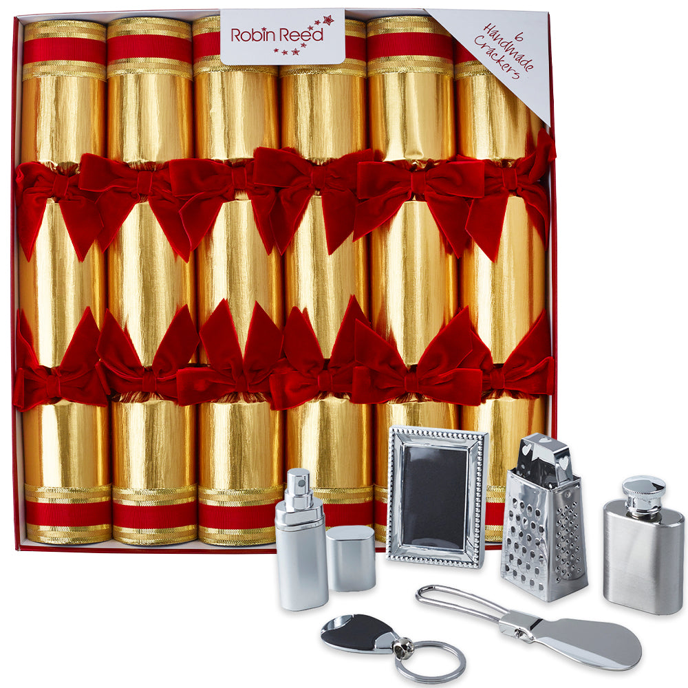 6 Festive Red &amp; Gold Luxury Christmas Crackers | 34cm | Non-Plastic Gifts