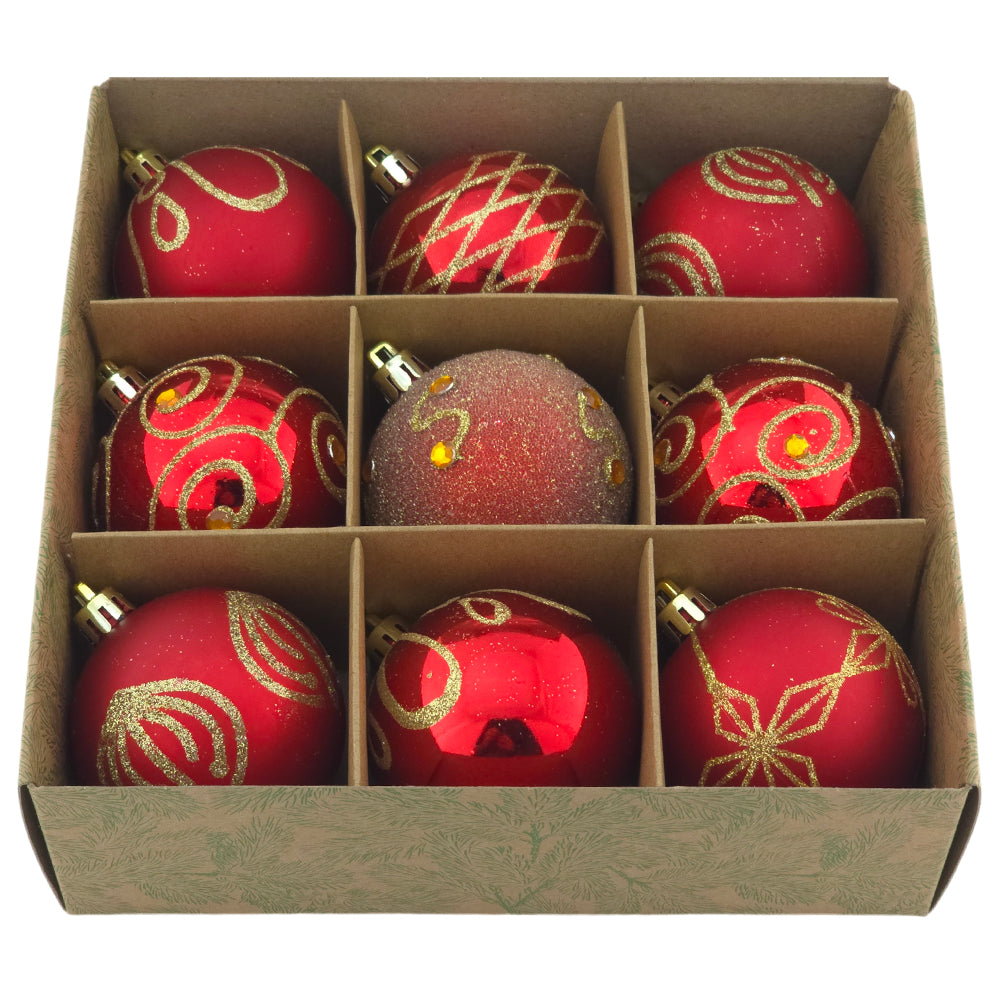 60mm Red Christmas Baubles | Set of 9 | Shatterproof Tree Decorations