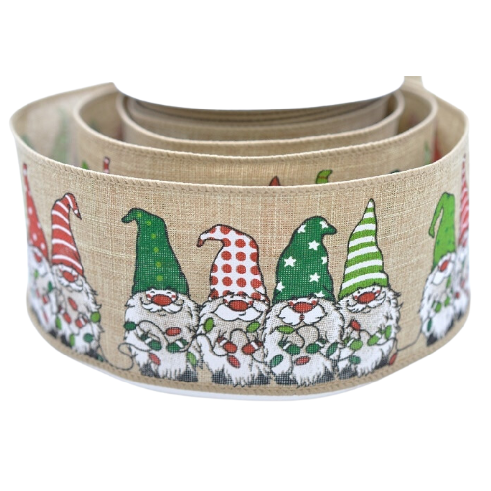 Gonk Trio | 63mm Wide | Wire Edged Hessian Christmas Ribbon | 10m Reel