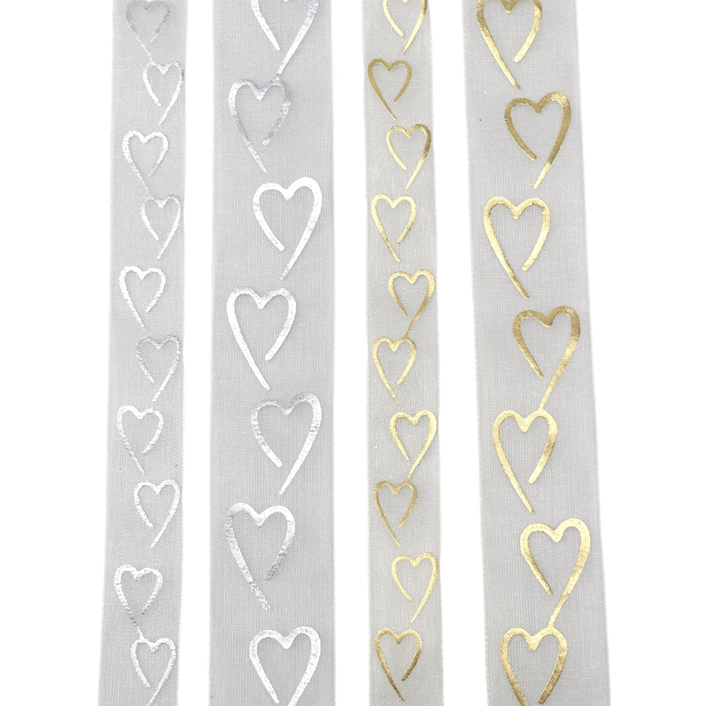 Foil Hearts Organza Ribbon | Silver/White or Ivory/Gold | 15mm/25mm | 20m Reel