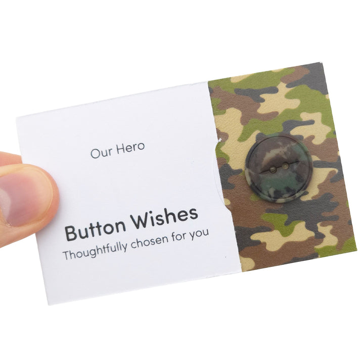 Our Hero | Camouflage | Button Wishes Sew On Token | Mini Gift | Cracker Filler