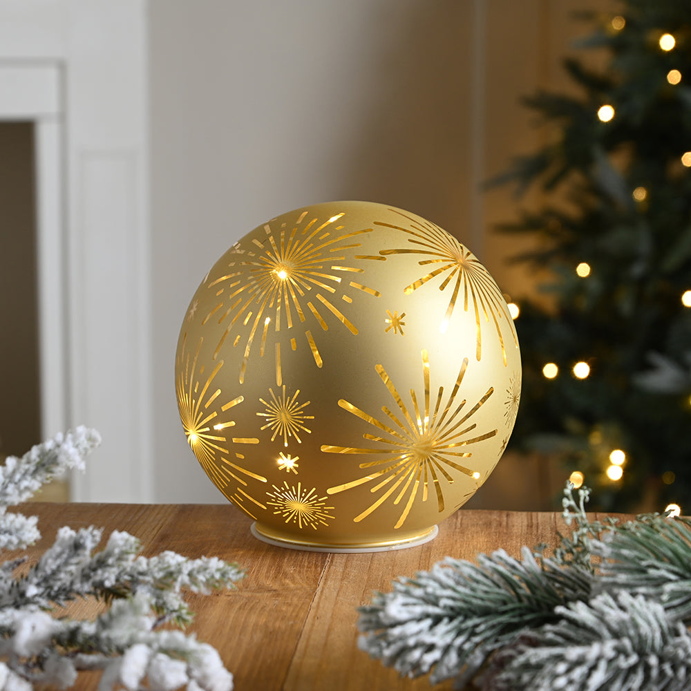 Gold Snowflakes | 15cm Light Up Glass Ball | Tabletop | Christmas Home Decor