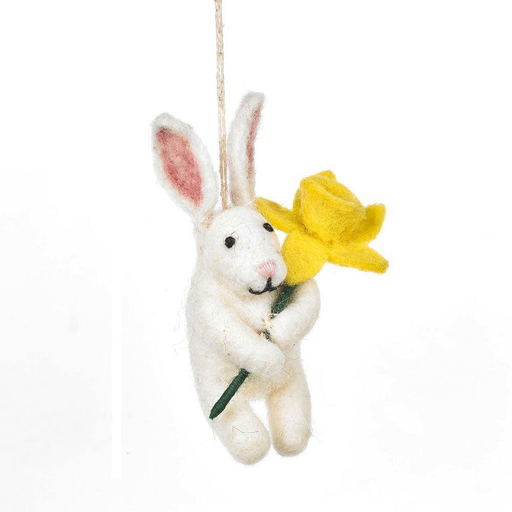 10cm Hand Felted Rabbit with Daffodil | Hanging Easter Tree Decoration | Fairtrade Felt