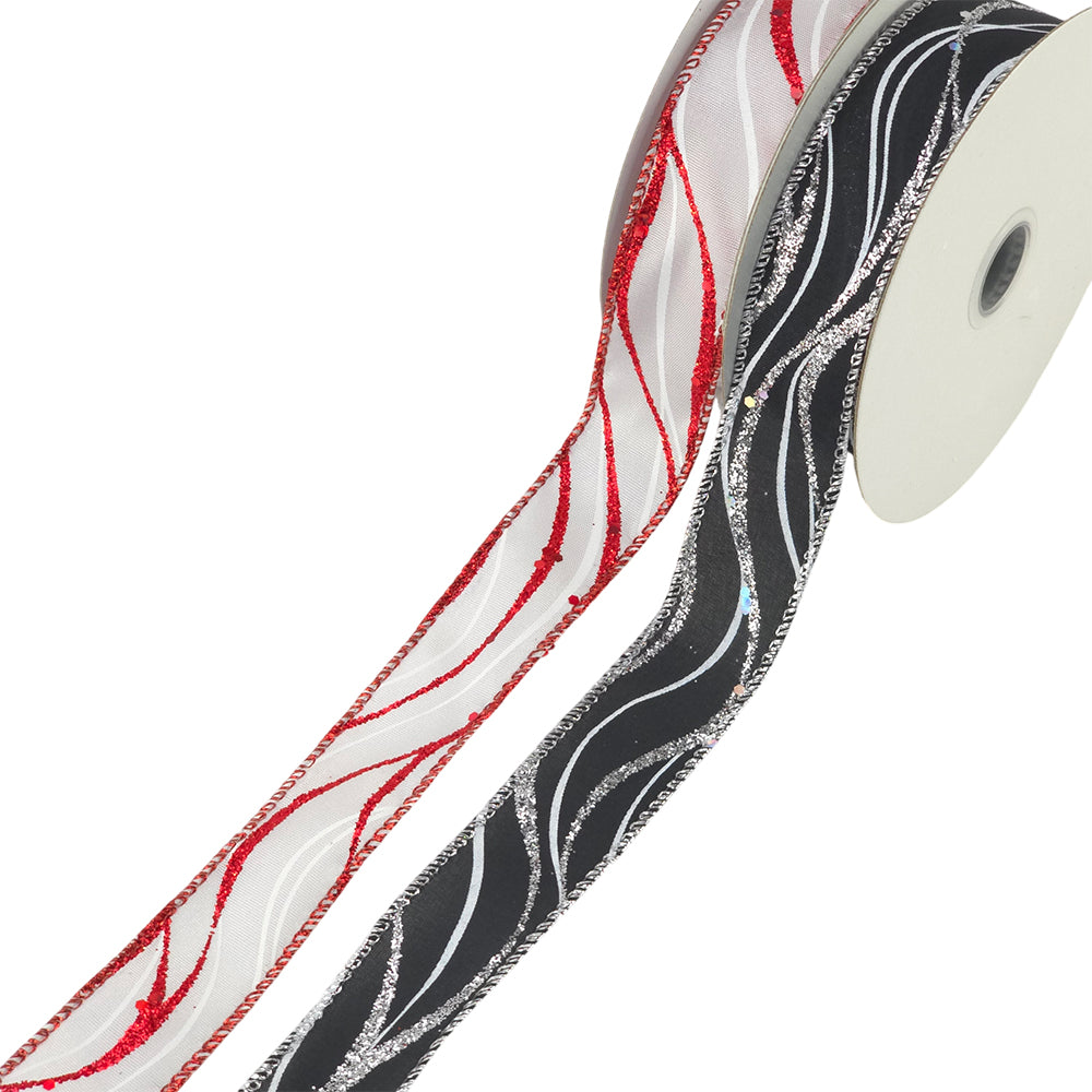 Black/Silver or White/Red Christmas Glitter  Wired Ribbon | 25mm Wide | 10m Reel