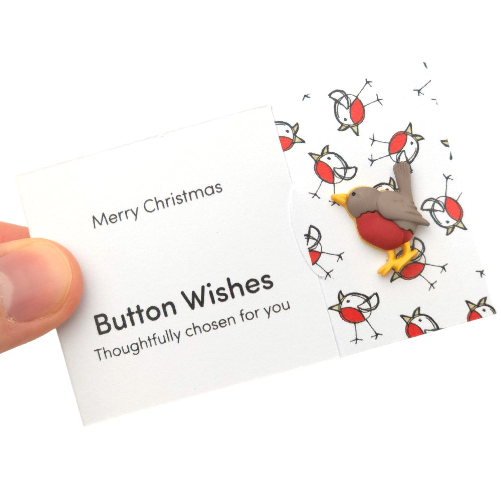 Merry Christmas | Chirpy Robin | Button Wishes Sew On Token | Little Gift | Cracker Filler