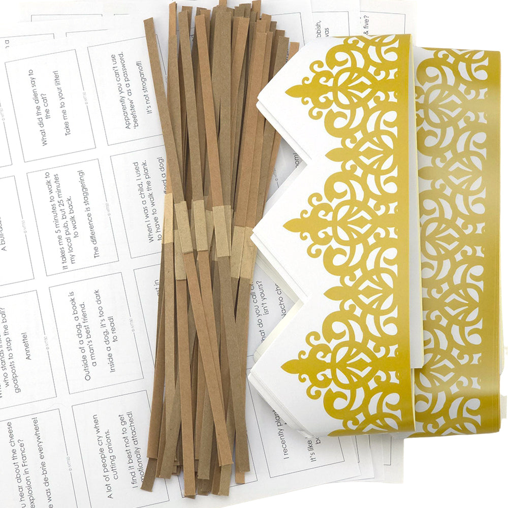 Gold Adjustable Paper Hats, Jokes and Cracker Snaps | DIY Cracker Accessory Pack