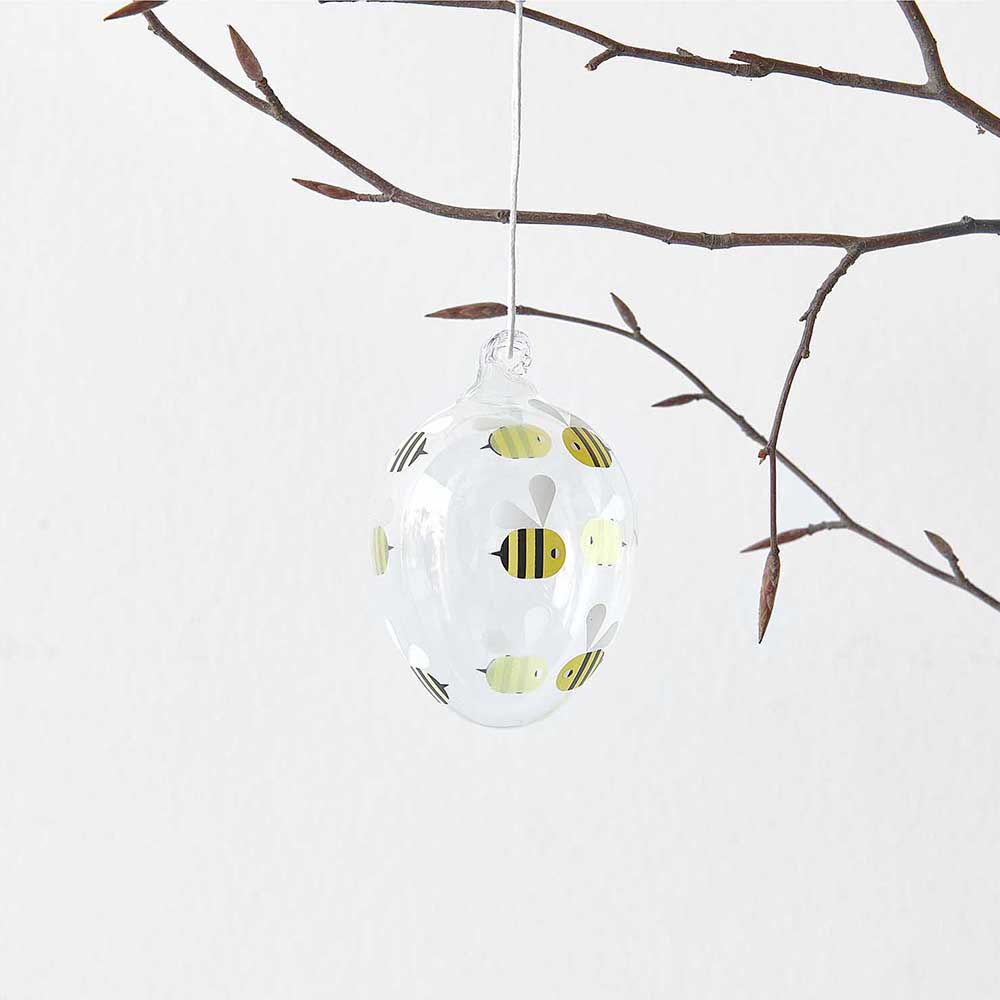 Gorgeous Large Bee Print Glass Egg | Hanging Easter Decoration | 9cm Tall