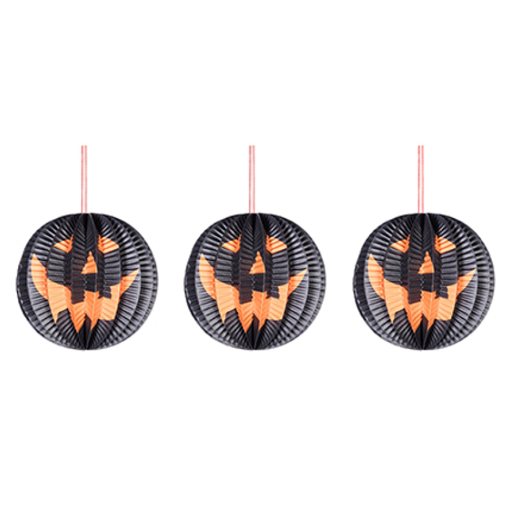 Black | Hanging Paper Pumpkin Halloween Decorations | 3 Pack | 10cm Wide