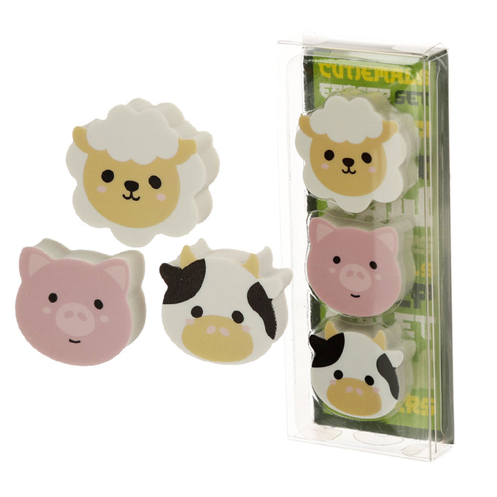 Cow, Pig & Sheep | 3 Piece Farmyard Eraser Set | Mini Gift | Cracker Filler