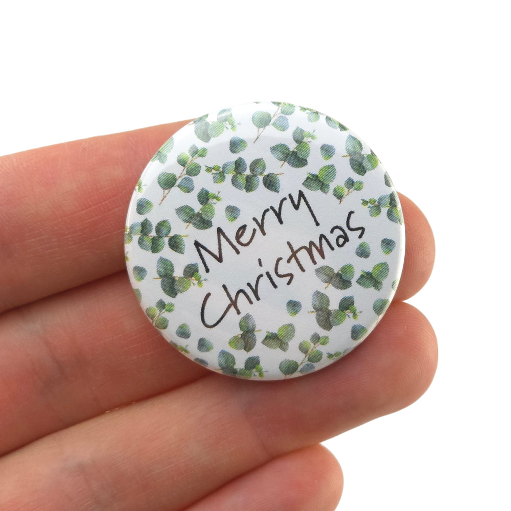 Watercolour Eucalyptus | Merry Christmas | 38mm Pin Badge | Mini Cracker Filler