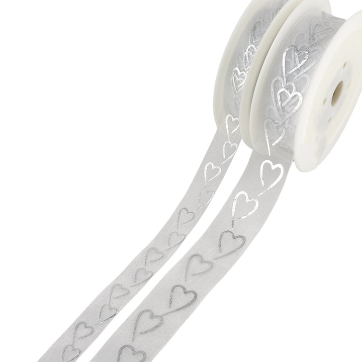 Foil Hearts Organza Ribbon | Silver/White or Ivory/Gold | 15mm/25mm | 20m Reel