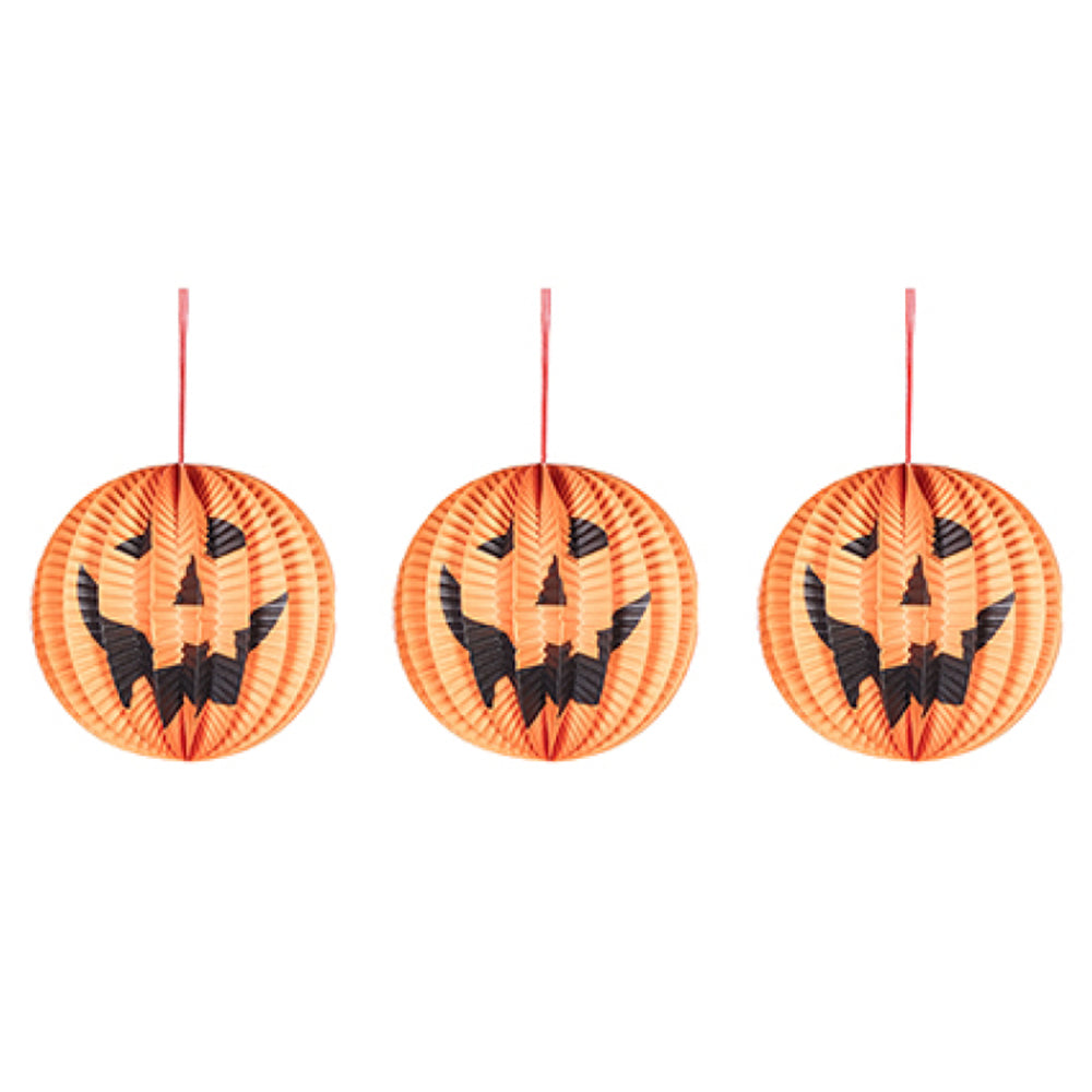 Orange | Hanging Paper Pumpkin Halloween Decorations | 3 Pack | 10cm Wide
