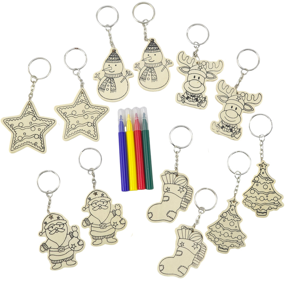 Kids Colour Your Own Wooden Christmas Keyrings | Set of 2 | Choose a Design