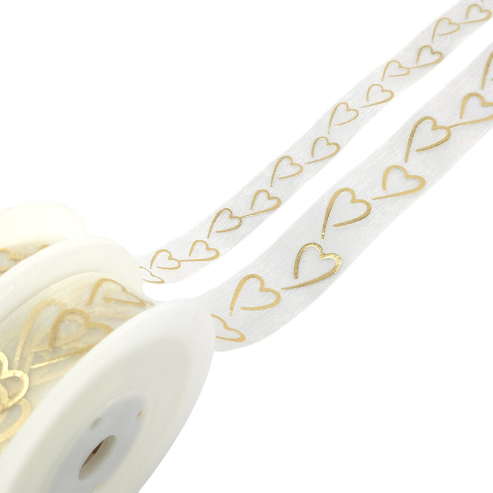 Foil Hearts Organza Ribbon | Silver/White or Ivory/Gold | 15mm/25mm | 20m Reel