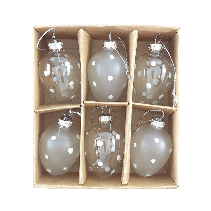 6 Pretty White Spotty Dotty Easter Tree Decorations | 6cm | Glass | Gisela Graham