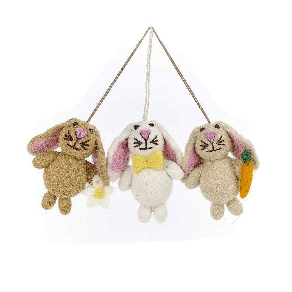 3 Hand Felted Easter Bunny Rabbits | Hanging Easter Tree Decoration | Fairtrade Felt