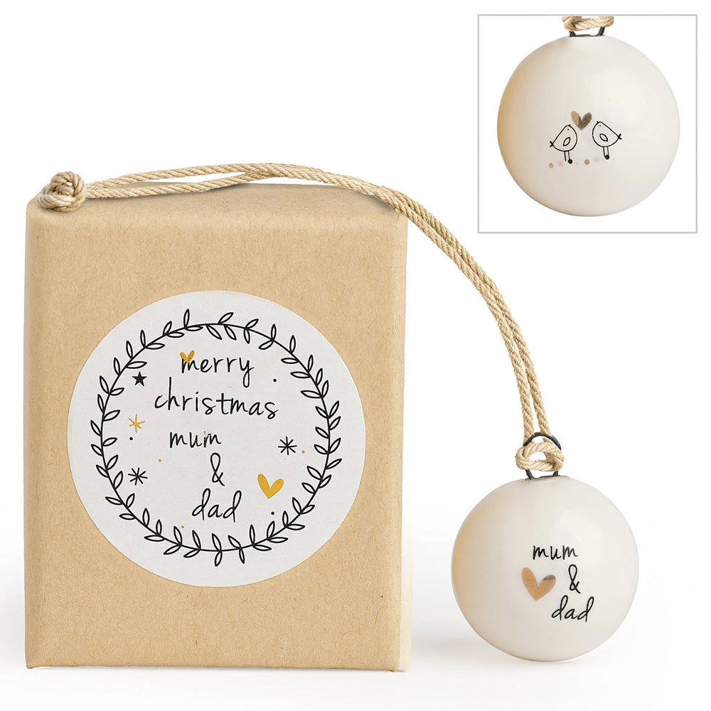 Merry Christmas Mum &amp; Dad | Tiny Boxed Ceramic Bauble | Cracker Filler