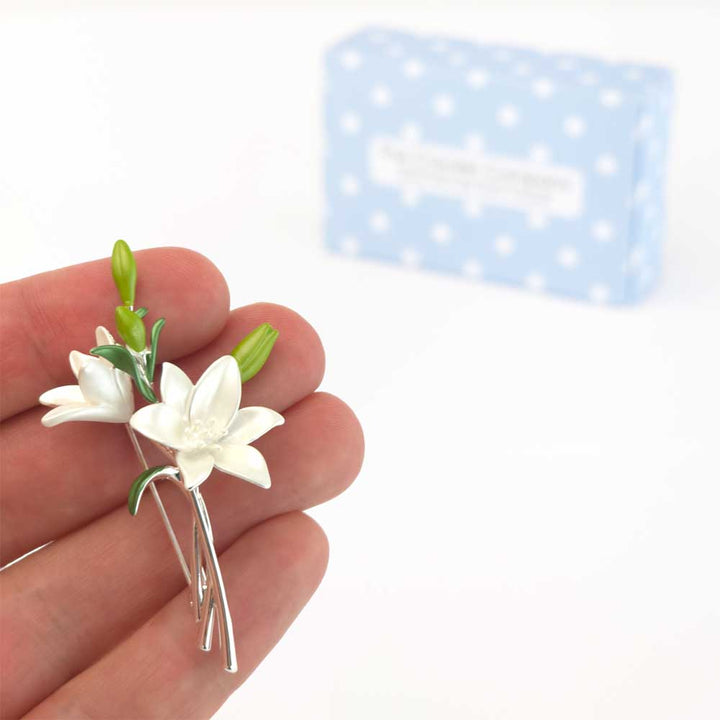 Lily Spray Brooch | Pearlescent White | 6.5cm Long | Mini Gift | Cracker Filler