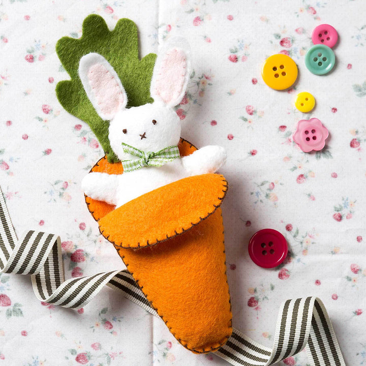 White Easter Rabbit & Carrot Bed | Mini Felt Sewing Kit | Corinne Lapierre