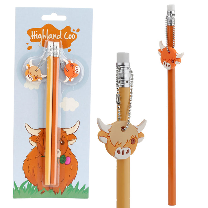 Highland Coo Cow Pencils | Set of 2 with PVC Charms | Letterbox Gift