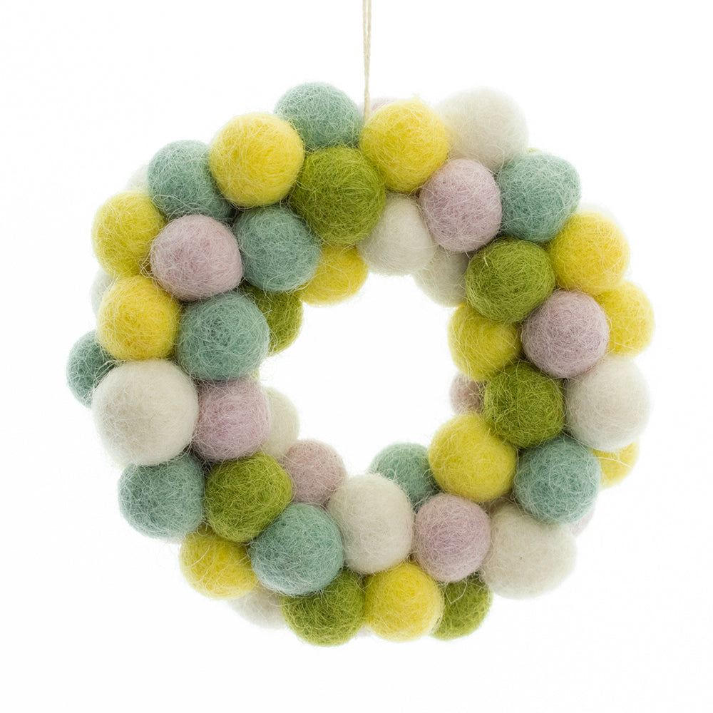 Single 8cm Hand Felted Pastel Pom Pom Wreath Easter Tree Decoration | Fairtrade Felt