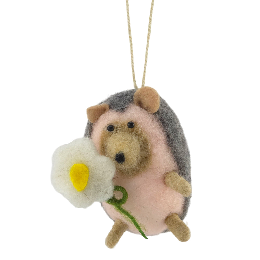 Hedgehog & Daisy | Hanging Woolly Felt Decoration | 8.5cm Tall