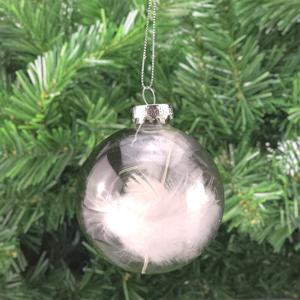 8cm Clear Glass Bauble with White Feathers | Christmas Tree Decoration | Remembrance