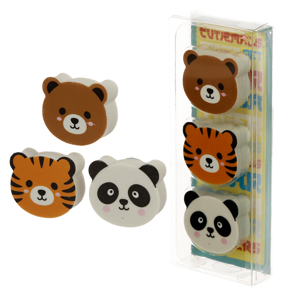 Tiger, Bear & Panda | 3 Piece Eraser Set | Mini Gift | Cracker Filler