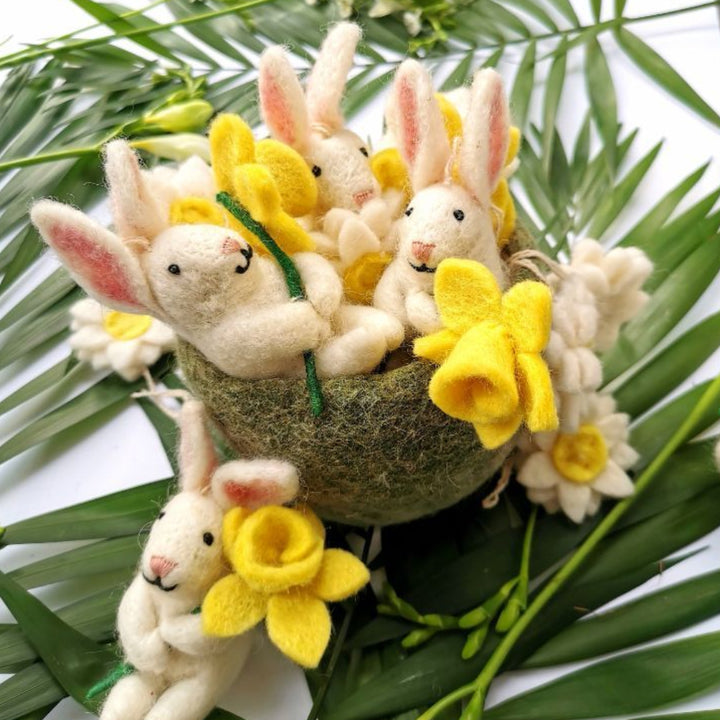 10cm Hand Felted Rabbit with Daffodil | Hanging Easter Tree Decoration | Fairtrade Felt