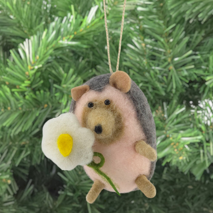 Hedgehog & Daisy | Hanging Woolly Felt Decoration | 8.5cm Tall