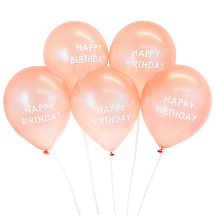 5 Rose Gold Happy Birthday Print Balloons | With Paper String | 30cm Latex