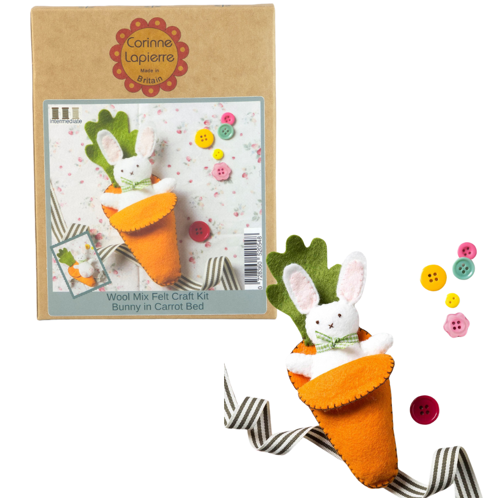 White Easter Rabbit & Carrot Bed | Mini Felt Sewing Kit | Corinne Lapierre